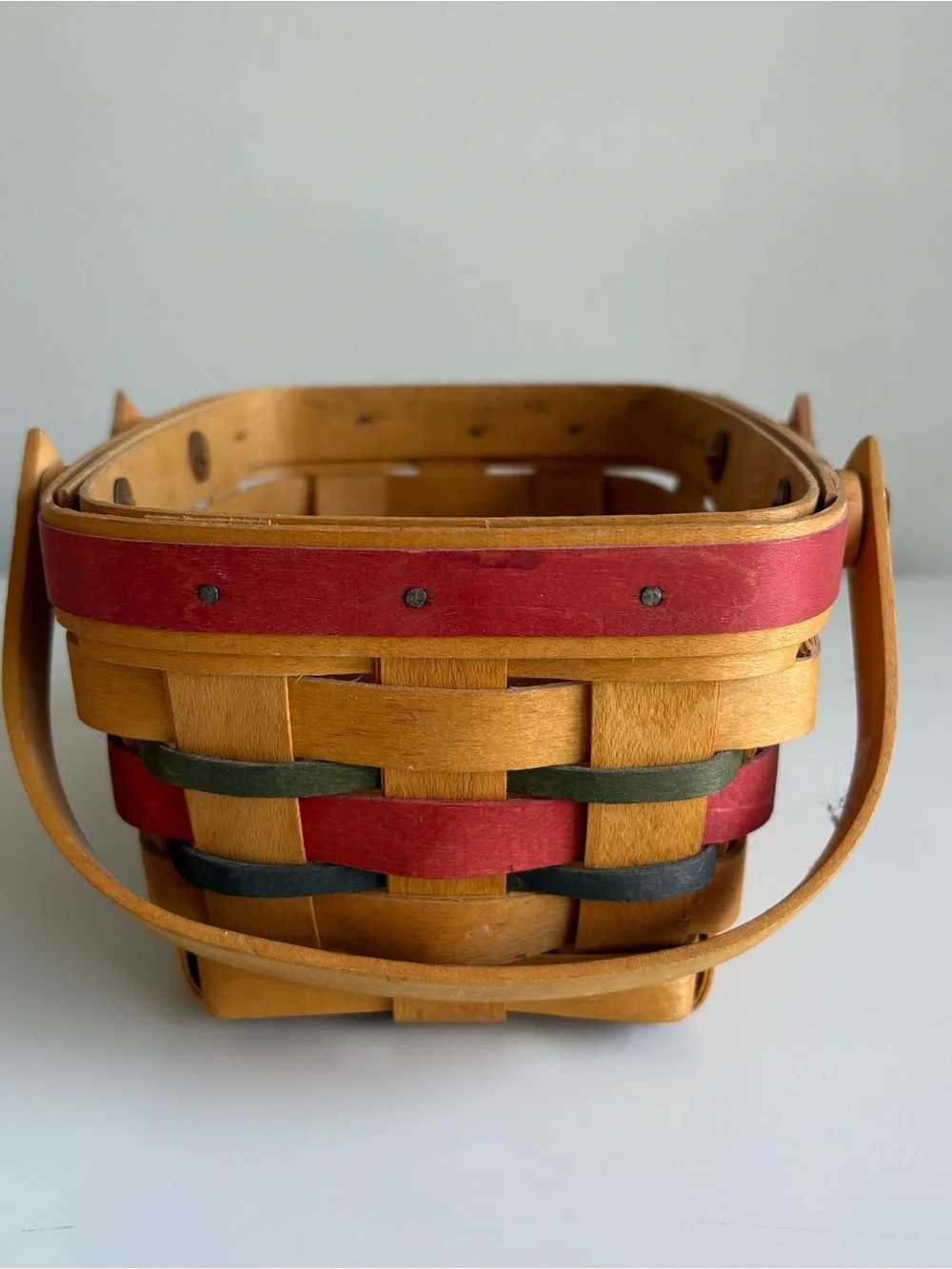 Vintage 1999 Longaberger Basket Red Green Double Handle Primitive Country